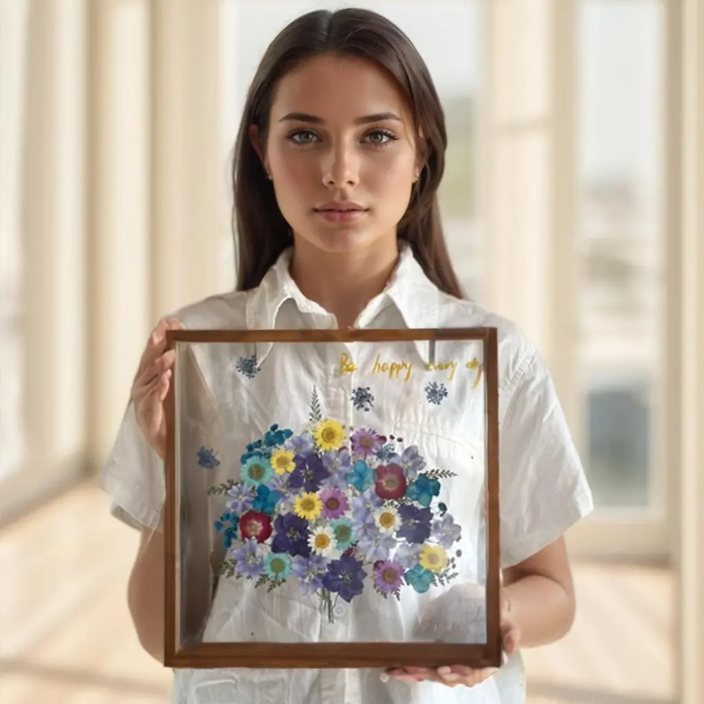 Handmade DIY Preserved Dried Flower Art Frame – Wooden Picture Frame with Dried Flowers & Craft Tools, Bohemian Style Home Decor Floral Display, Handmade Gift for Holidays, Birthday, Wedding