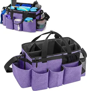 Wearable Cleaning  Bag with 4 Foldable Dividers, Cleaning  Tote for Cleaning Supplies, Cleaning Organizer with  Strap and Side Handles for Cleaners & Housekeepers, Purple