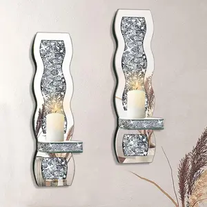 Crush  Candle Holder Set of 2, Wavy  Mirrored Wall Candle Sconces, Wall Decorations for Living Room, Dining Room, Bedroom