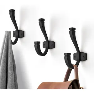 Coat Hooks - 3 Pack Matte Black Towel Hooks Robe Hooks Decorative Wall Hooks for Bathroom Bedroom Kitchen Towel Robe Clothes Cabinet Closet Bathroom Hardware