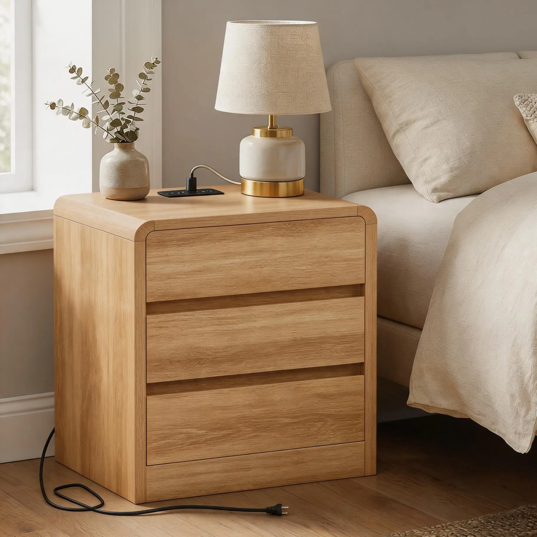 Modern Smart Nightstand with Charging Station - 2 Storage Drawers Stylish Fluid-Shaped Multi-Purpose Wood Bedside Table for Bedroom, Living Room, Stylish Bedside Table