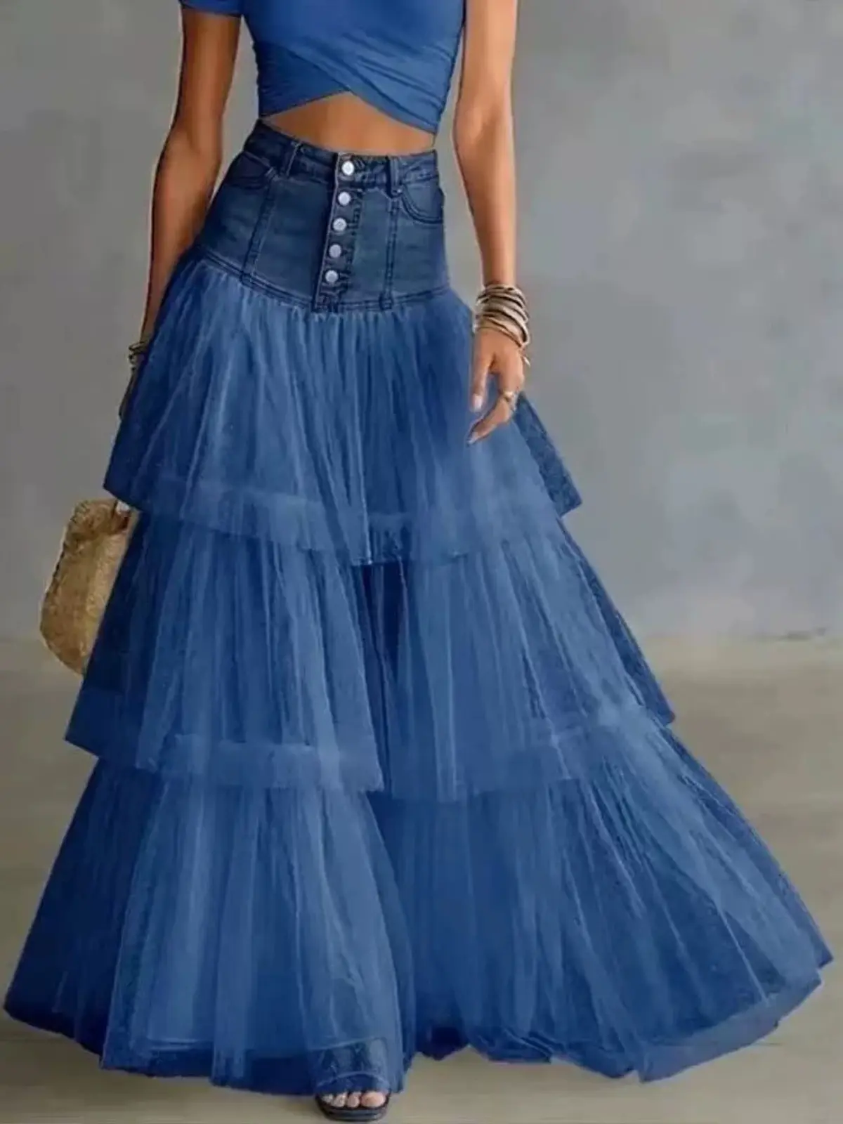 Women's High Waist Denim-Splice Tulle Tiered Maxi Skirt - Plus Size, Plain, Fine Pleated, Wrinkle Resistant, Hide Belly, Breathable, Aesthetic, Beach-Ready, Smooth, Match Tank/Wrap Tops, Evening Vacation Wear, Tank Top, Cropped, Button, Elegant