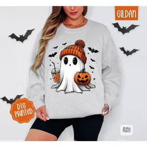 Cute Coffee Ghost Sweatshirt, Trendy Halloween Crewneck