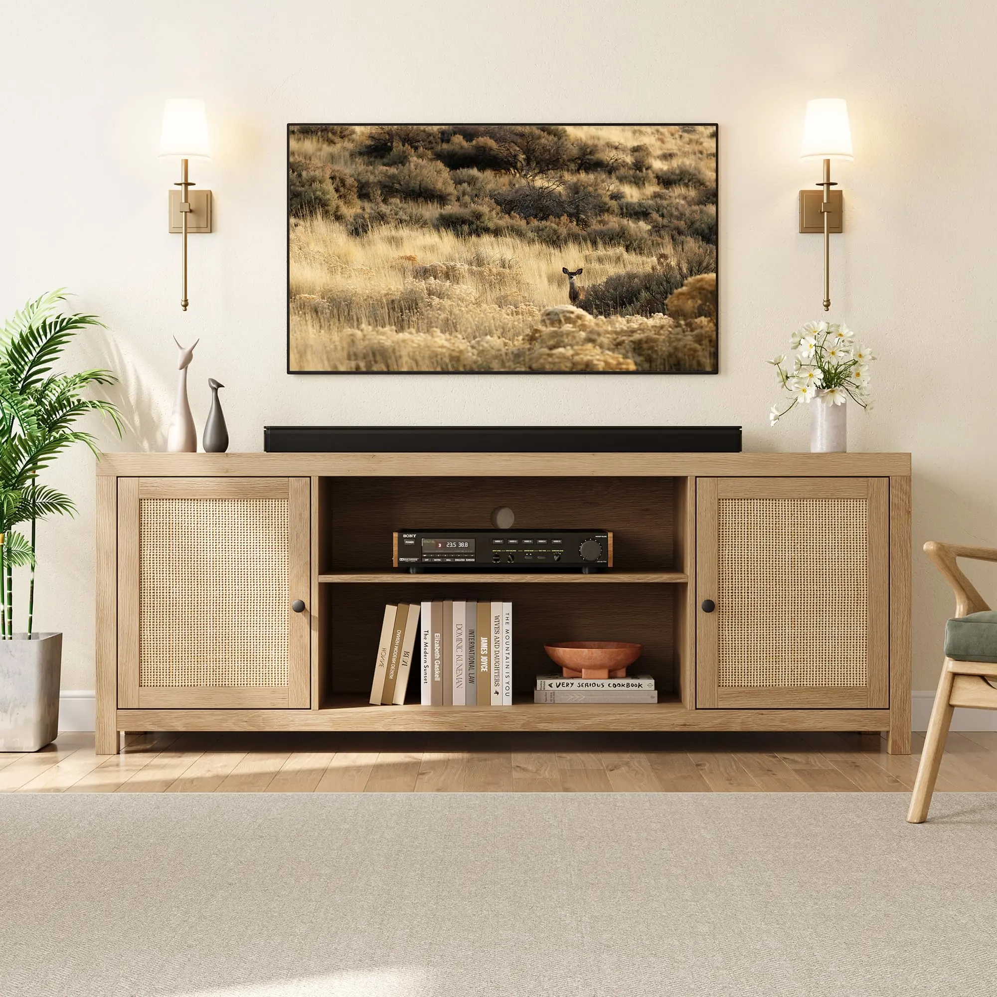 YJ-Garvee Rattan Entertainment Center in Natural Oak with 2-Tier Storage, Boho Wooden Media Console Cabinet for Living Room, Bedroom, or Office, Fits Up to 75 Inch Screens, 66 Inches Wide