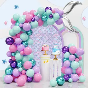 Mermaid Balloon Arch Kit, 122Pcs Pink Purple Teal Mermaid Balloons With Silver Tail Foil Balloon 16Ft Tape Strip & Dot Glue For Birthday Mermaid Party Decorations