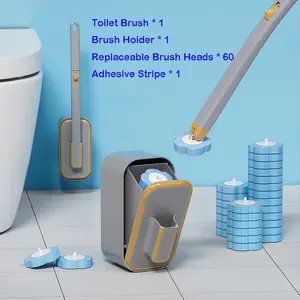 Wall Mounted Toilet Brush & Disposable Toilet Brush Head Set, 1 Set Toilet Brush with 60/72/84/96pcs Blue Disposable Replacement Brush Head & Holder, Bathroom Cleaning Tool