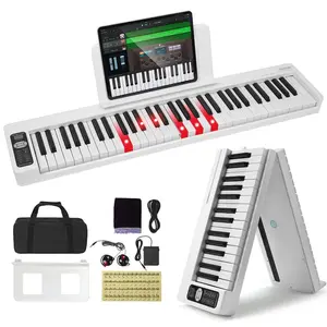 VEVOR 61 Key Folding Keyboard Piano, Bluetooth MIDI, Portable Electronic Digital Foldable Piano with Sustain Pedal Touch Sensitive Lighted Keys Bag, Rechargeable for Beginners Teens Adults, White