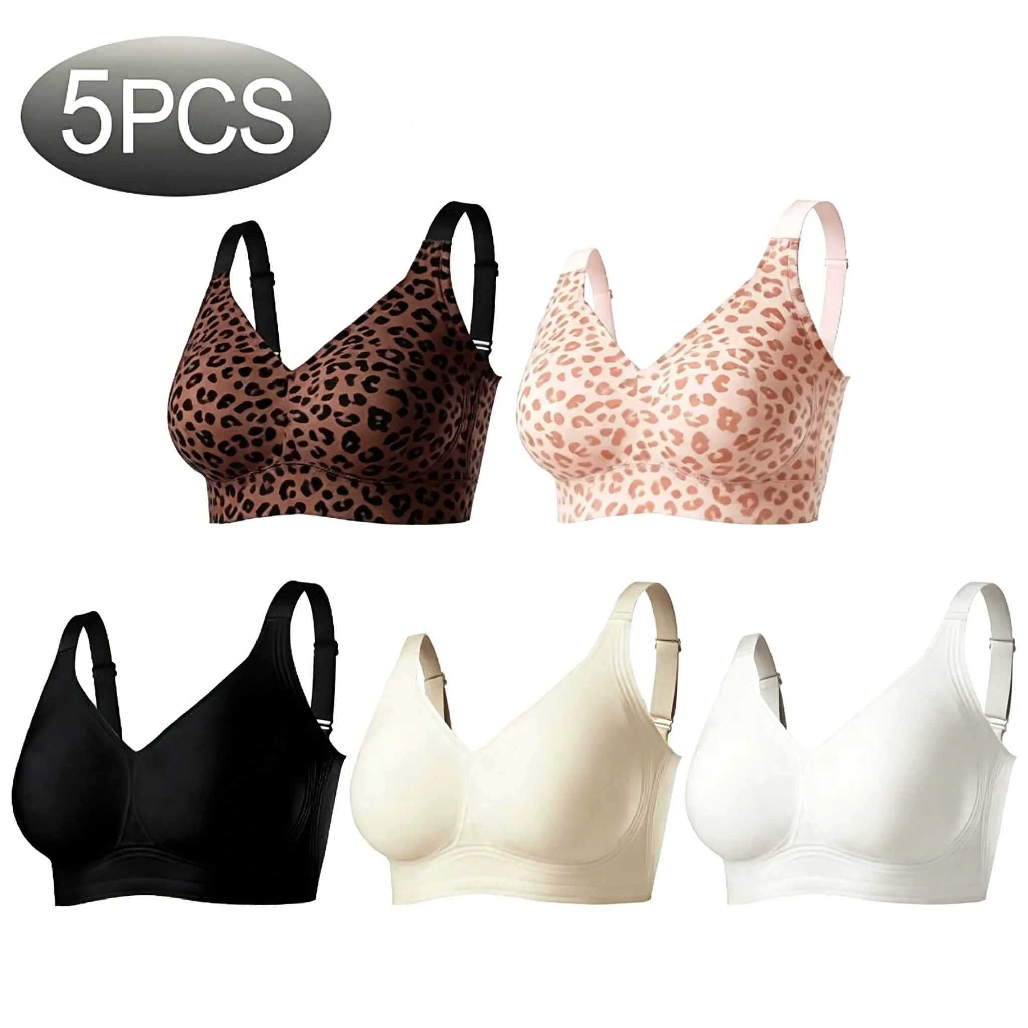 Womens Jelly Bras Wireless Comfortable Soft Push Up Bralettes Seamless Tshirts Bras Deep V Everyday Bras Leopard Push-Up Print Set Bra No Underwire Womenswear