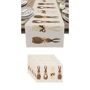 7pcs,Easter Table Runner Set, Bunny Carrot Design, Seasonal Spring Kitchen Decor, Family Gathering Decoration, 7 Piece Tablecloth & Placemat