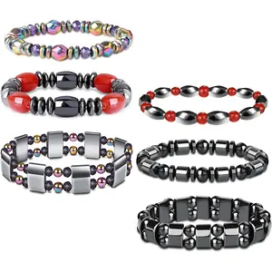 FINREZIO 6 Pcs Colorful Assorted Magnetic Hematite Bracelets Set for Men Women Healing Magnetic Stone Beaded Bracelets Trendy Fashion Jewelry Set Ideal Gift for Father's Day Birthday Holiday