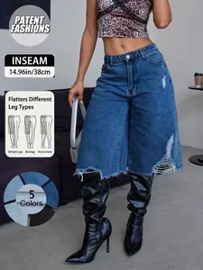 Women's Ripped Denim Jean Shorts Button No Elasticity, Vintage Wash Design, Pockets, Casual Beach Wear, Multifunctional Fashion Item