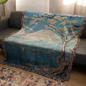 Mount Fuji Blue Pattern Bohemian Yarn Jacquard Woven Blanket with Tassel, Thick Soft Washable Blanket, Used for Home Decor Sofa Chair Bed Tapestry Tablecloth Floor Garden Picnic Outdoor Camping, Throw Blankets