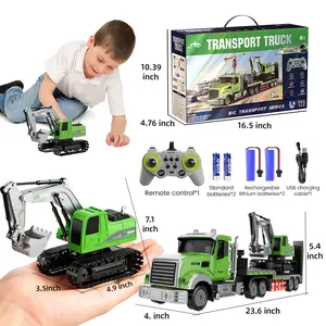 Funfuntoy Green RC Semi Truck & Excavator Toy Set 1:12 Scale 2.4Ghz Remote Control Flatbed Truck with LED Lights game for Kids 3+,Best Boy Gift