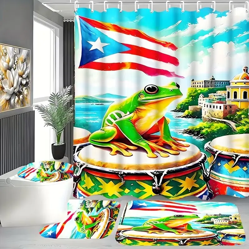 1/4pcs Puerto Rican tree frog drum pattern Waterproof shower curtain set, including shower curtain, toilet seat cover, rectangular mat, and U-shaped mat, bathroom décor, Bathroom Accessory, Includes 12 shower curtain hooks