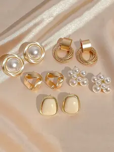 5 Pairs Elegant Minimalist Earrings Set, Hollow Circle Multi-Layer Dangle, Vintage Geometric Pearl Studs, Small Triangular Twisted Design, Luxury Matte Finish Personalized Earring Set, Suitable for Parties and Daily Wear