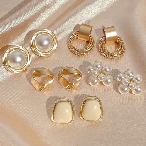 5 Pairs Elegant Minimalist Earrings Jewelry Set, Hollow Circle Multi-Layer Dangle, Dangling Earrings, Vintage Geometric Pearl Studs, Small Triangular Twisted Design, Matte Finish Personalized Style for Parties & Daily Wear, Circle Shape Earrings