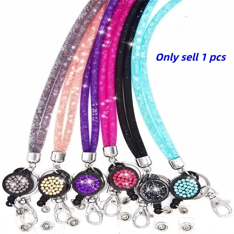 Glitter ID Card Holder with Lanyard, 1 Count Retractable Badge Reel, Retractable Badge Holders, Identification Badges Supplies for Office Worker Student, Lanyards With ID Holder, Badge Reels Retractable