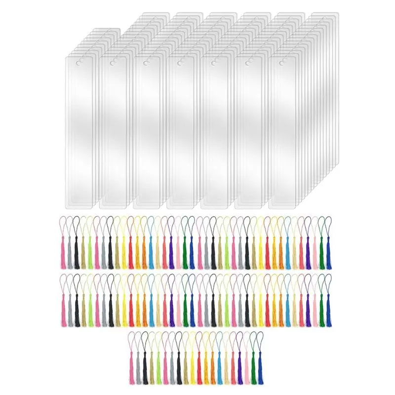 100 PCS Acrylic Blanks Bookmarks with 100 Pcs Colorful Bookmark Tassels, for DIY Craft Projects & Gift Tags