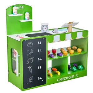 【Father's Day gift】VEVOR Kids Grocery Store Playset, Wooden Play Market Stand with Shopping Bag, Kids Supermarket Pretend Play Store with Conveyor Belt, Scanner, Cash Register, Realistic Scale, Gift for Boys & Girls