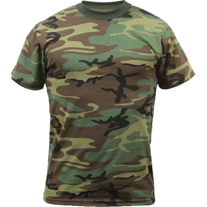 Men's Woodland Camouflage Tactical Short Sleeve Round Neck Ribbed Tshirt - Poly-Cotton Blend, Regular Cut, Menswear Tops