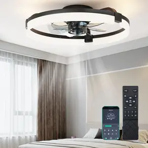 Low Profile Ceiling Fans with Lights and Remote, Fandelier Ceiling Fan Flush Mount, 3000K-6500K Smart Bladeless LED Fan Light, Black Modern Ceiling Fans with Lights for Bedroom