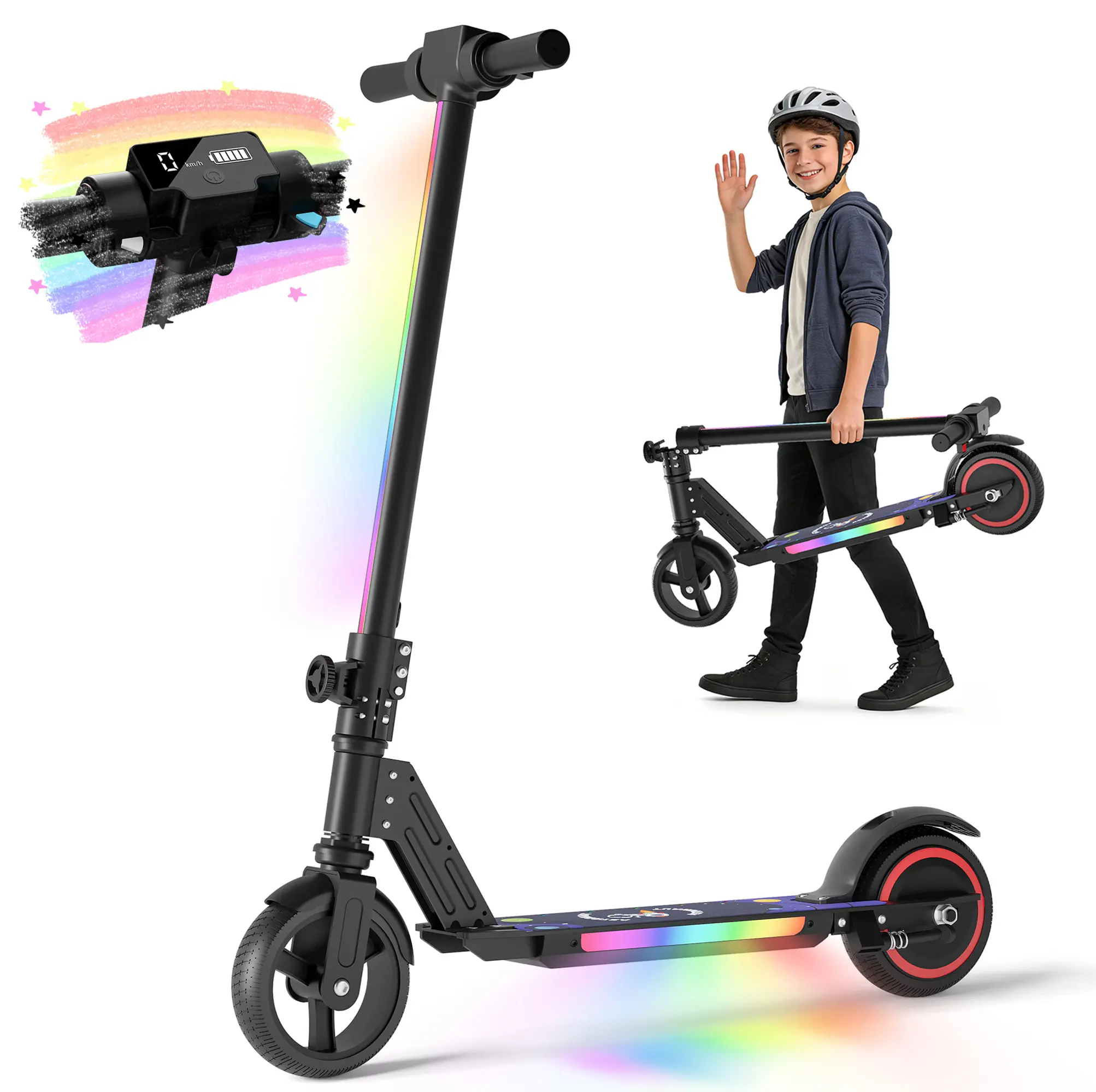 COMMUGO S5 Multifunctional Foldable Kids Electric Scooter for Girls (6 Years Above), 130W Motor, 8.7MPH Speed, 5 Mi Range, Rainbow Lights, Dual Brake System, Sports & Outdoor Scooters Equipment