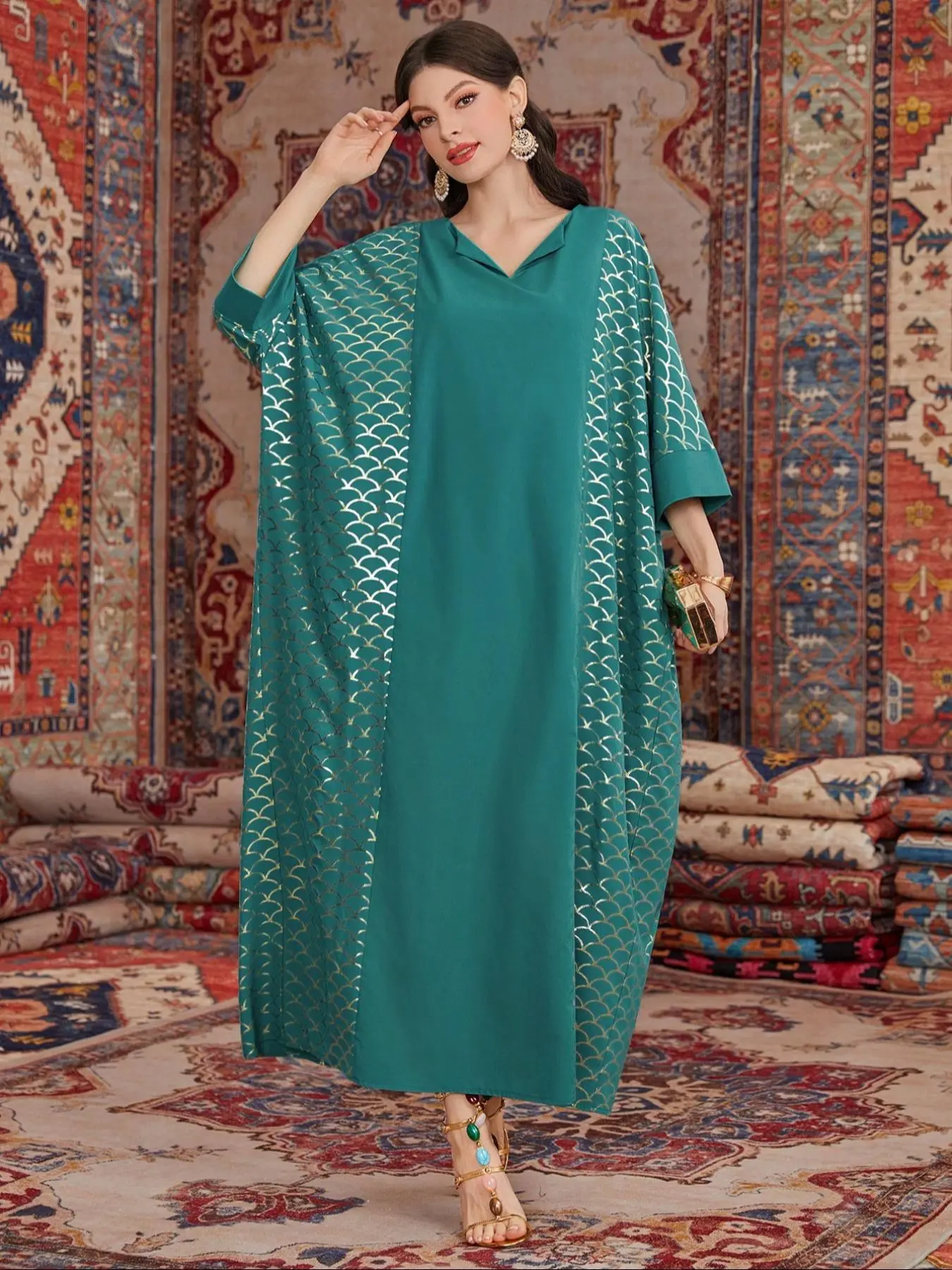 Women's Patchwork Print Open Front Cape Dress, Modest Casual Long Sleeve Dress for Daily Wear, Ladies Clothes for All Seasons