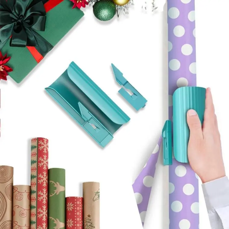 Office Paper Cutters - Gift Wrap Cutter Set with Easy-Slide Tool, 2 Replacement Blades for Christmas, Birthday Wrap (Blue)