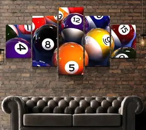 Billiards Canvas Framed Pool Balls Home Decor Wall Art Painting Man Cave Poster Framed Gift Idea 5 Piece HD Printed Stretched Wooden Frames Ready to Hang Ornaments Photo Room Artistic Decoration Hanging
