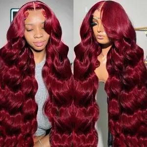 Bling Hair 34 Inch 99j Burgundy Lace Front Wigs Human Hair Red Burgundy Wig 180% Density 13x6 Body Wave Lace Front Wigs Pre Plucked Glueless Lace Front Wigs Human Hair for Women