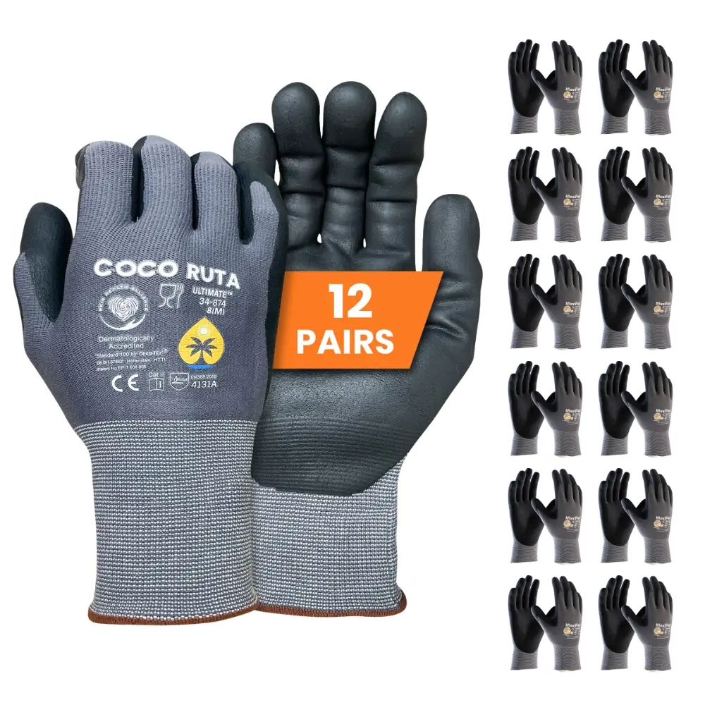 24 Pairs COCO RUTA Gloves 34- 874 Safety Gloves | Guantes Para Trabajo - Maxi Flex Gloves For Men Nitrile Micro Foam Grip Palm Comfortable Fit Construction Gear