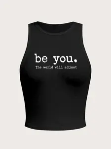 Women's Summer Casual Letter Print Crop Top, Round Neck Tight-Fitting Sleeveless Sports Vest, Moderate Fabric, Perfect for Daily Wear, Sporty Cami Top