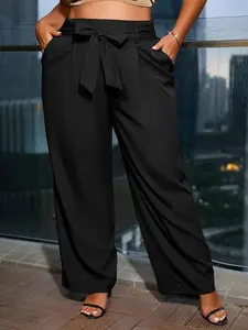 Plus Size Solid Pocket Belted Adjustable Woven Pants, Elegant High Waist Fit Trousers for Work Office Business, Women's Plus Size Bottoms for All Seasons, Womenswear
