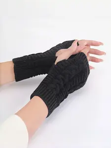 Knitted Half Finger Gloves, Autumn Winter Warmth, Fingerless Acrylic Woolen Mitts, Solid Color Short Gloves for Men & Women