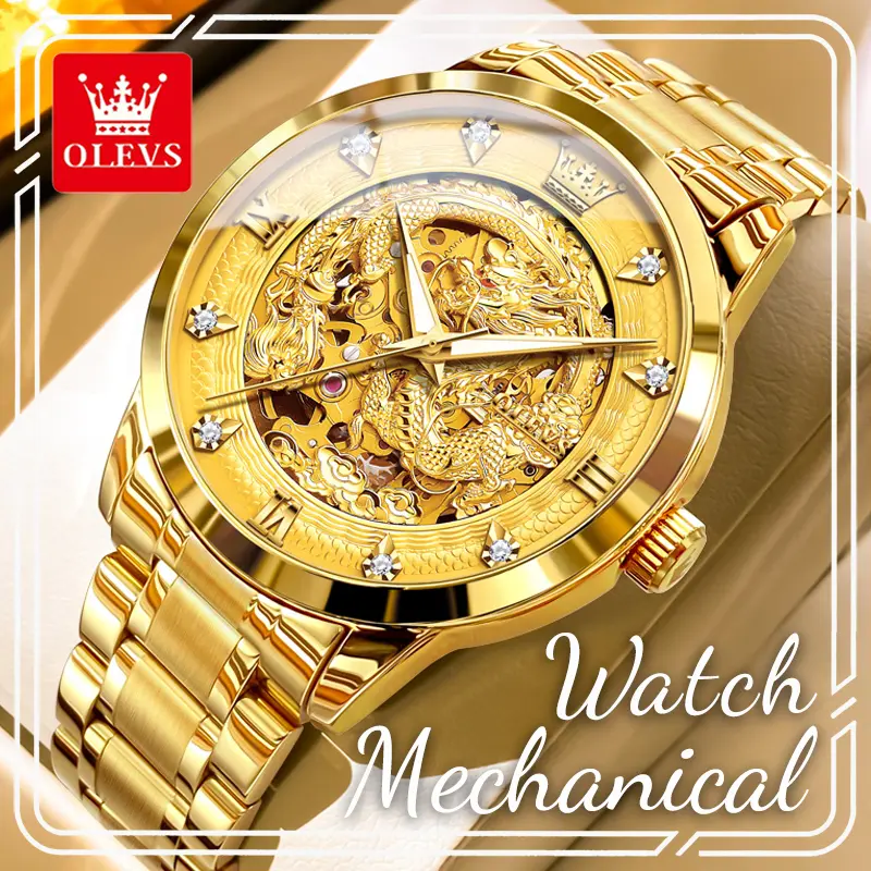 OLEVS Men's Luxury Gold-Tone Automatic Mechanical Skeleton Wristwatch with Steel Strap, 30m Water Resistant, Gold Watch, 30M - 50M