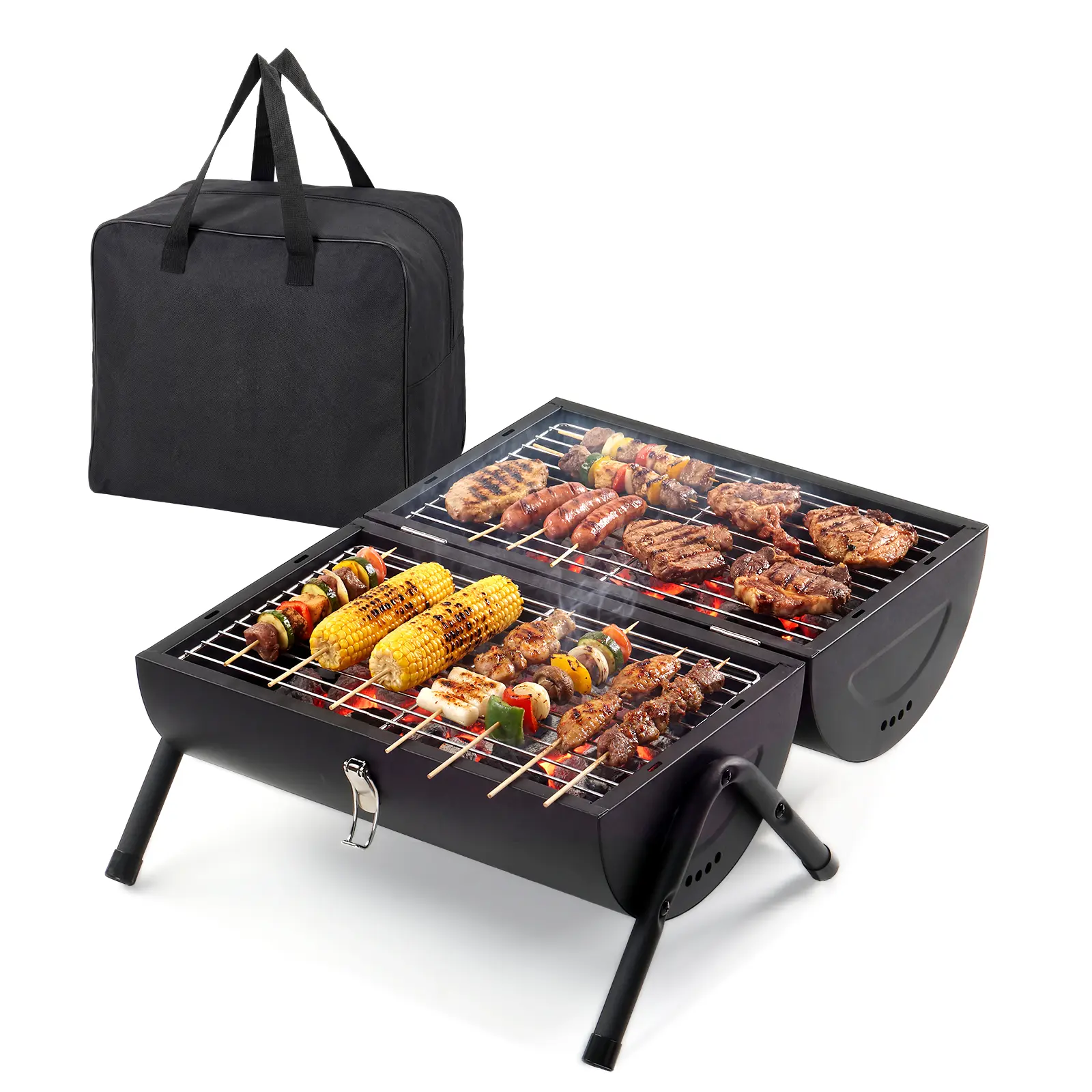 Stainless Steel Portable Dual-Sided Grill & Charcoal BBQ Smoker - Heavy-Duty Outdoor Tabletop Open Flame Cooker for Backyard BBQ, Tailgating, Light Outdoor Use