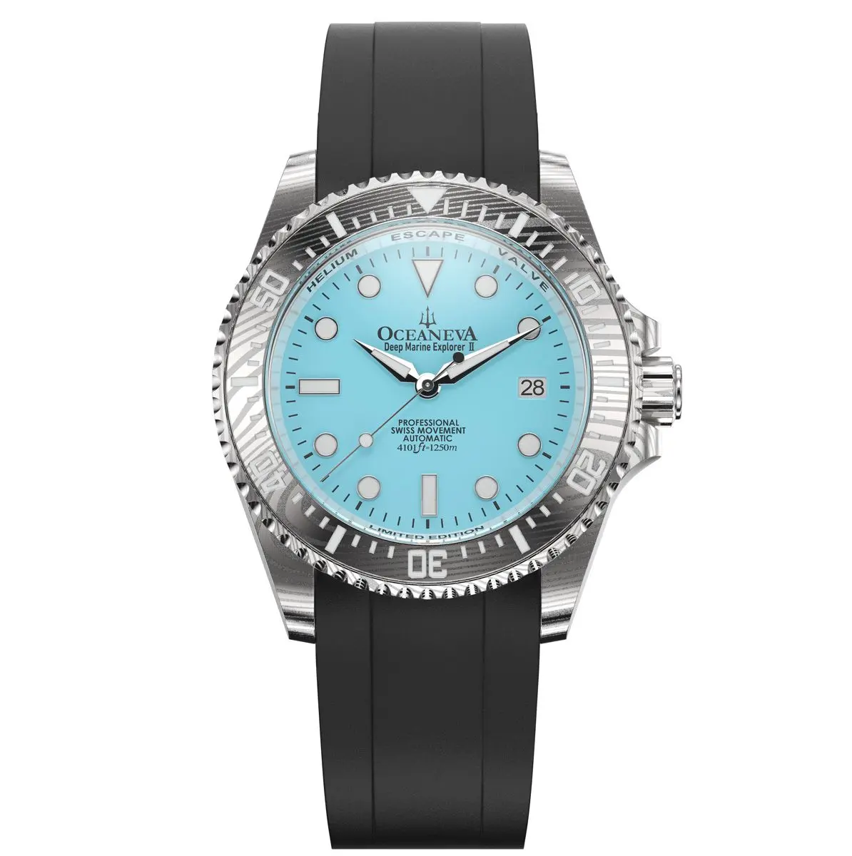 Oceaneva Men's Deep Marine Explorer II - 1250M Swiss Dive Watch with Damascus Steel Sky Blue Dial & FKM Rubber Band