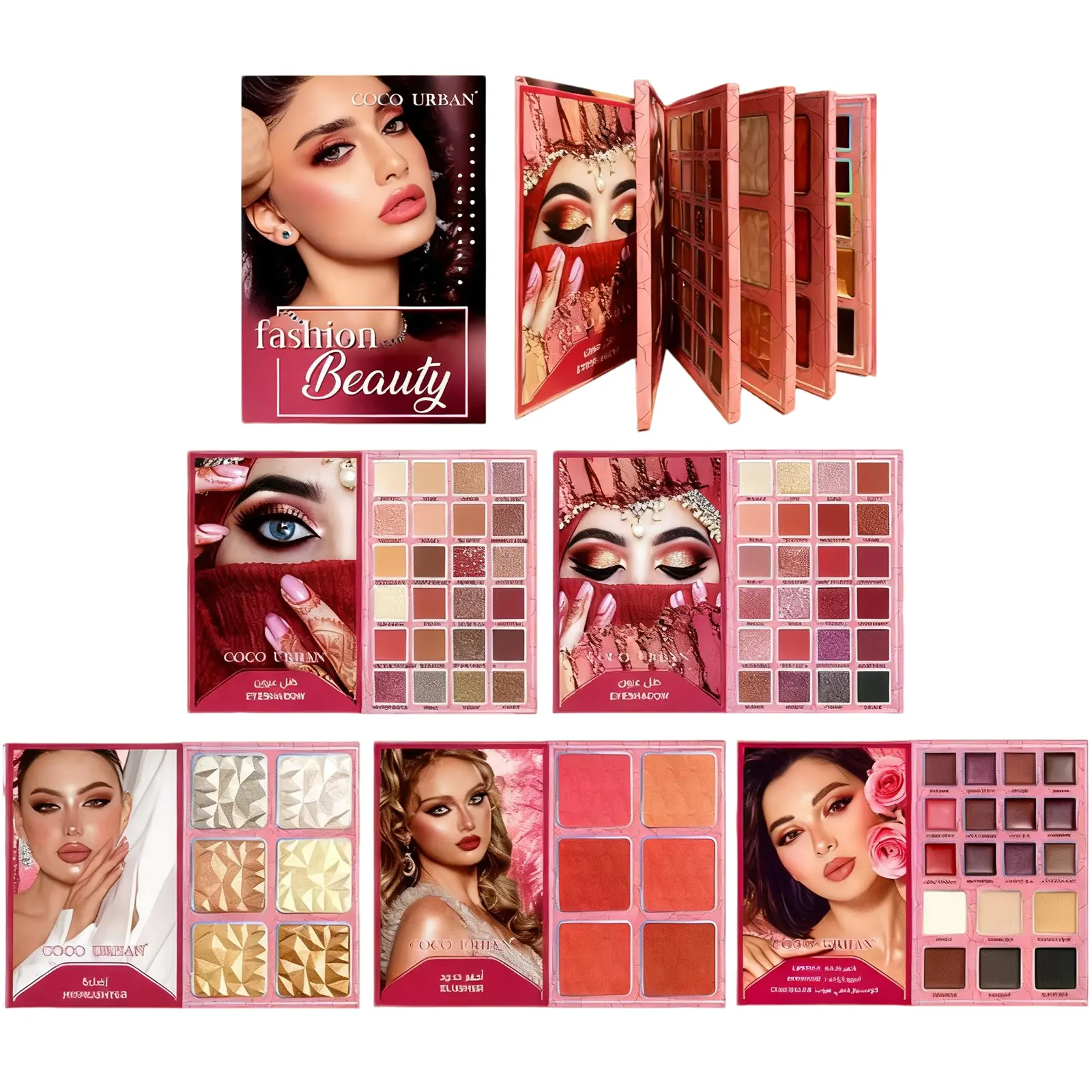 Professional Makeup Palette Book, 6-in-1 Cosmetic Kit with Eyeshadow, Highlighter, and Blush Powder for Face