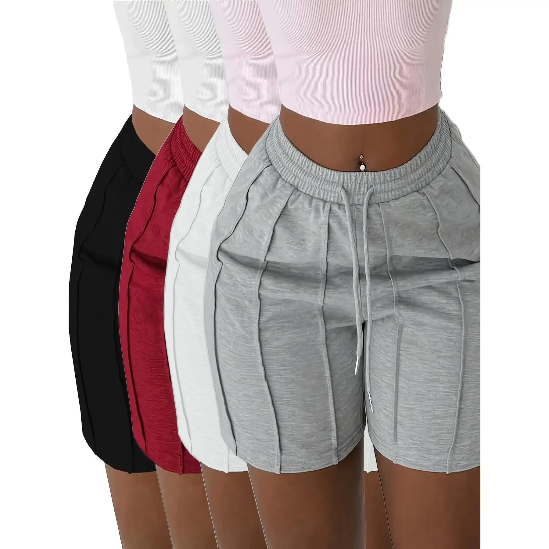 New(New)4-Pack Women'S Casual Elastic Waist Drawstring Shorts with Side Pockets - Solid Color Lounge Shorts for Spring Summer Fall, Machine Washable (Black/White/Red/Grey), Seasonal Clothing, Modern Design, Comfortable Fit