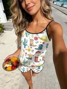 Western Cowboy Floral Print Womenswear Pyjama Set, Sleeveless Above the Knee Shorts, Casual Slim-Fitting Loungewear Sleepwear for All Seasons