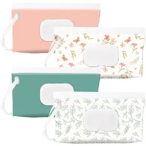 4 Pack Baby Wipes Dispenser Holder Portable Refillable Wet Wipes Pouch Container Reusable Travel Case for Outdoor Hiking Green Leaves