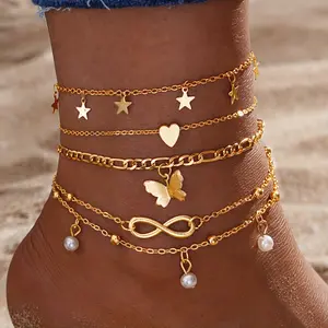 4Pcs Stackable Dainty Chain Anklet Set for Women - Trendy Butterfly & Infinity Charm Beaded Foot Jewelry, Adjustable Summer Beach Essentials.