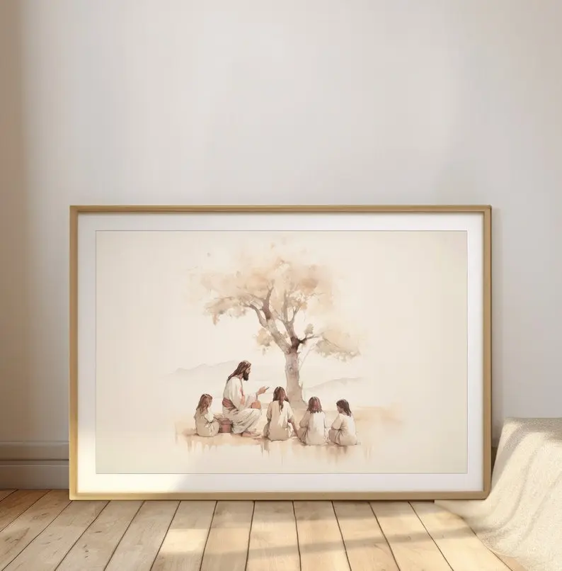 Jesus Teaching Children Landscape, minimalist printable Jesus watercolor wall art painting, Bible scripture sketches products