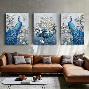 Framed 3 Piece Peacock Wall Art Jasmine Flower Butterfly Canvas Oil Painting Blue and White Theme Picture Prints Vintage Elegant Proud Animal Wall Decor Modern Nordic Poster Painting for Living Room Bedroom Home Ornaments Artistic Decoration Photo
