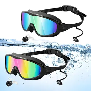Unisex 2-Pack UV Swimming Goggles, Swimming Accessories for Adults with Anti-Fog, Leak-Proof, Wide View, Comfortable Fit, Waterproof Earplugs & Nose Clip, Suitable for Outdoor Water Sports