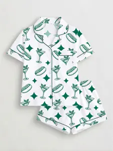 Women's Hot Dog Cup Print Pajama Set Pjs, Short Sleeve Button-Up Soft Top & Elastic Shorts, Casual Home Wear Nightwear Loungewear for All Seasons Pyjamas