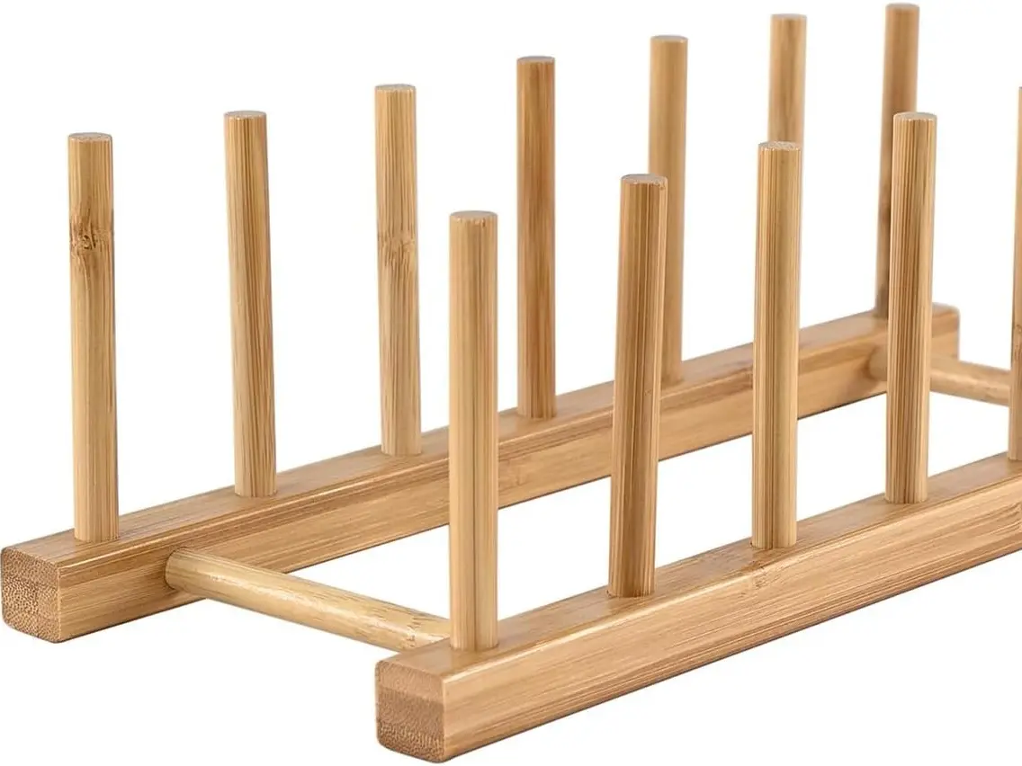 Bamboo Wooden Dish Rack, Vertical Plate & Lid Organizer for Kitchen Cabinet or Countertop, Drying Stand for Dishes, Cutting Boards
