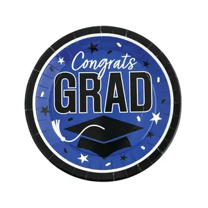9" Graduation Party Blue Congrats Grad Round Paper Dinner Plates - 25 Ct.