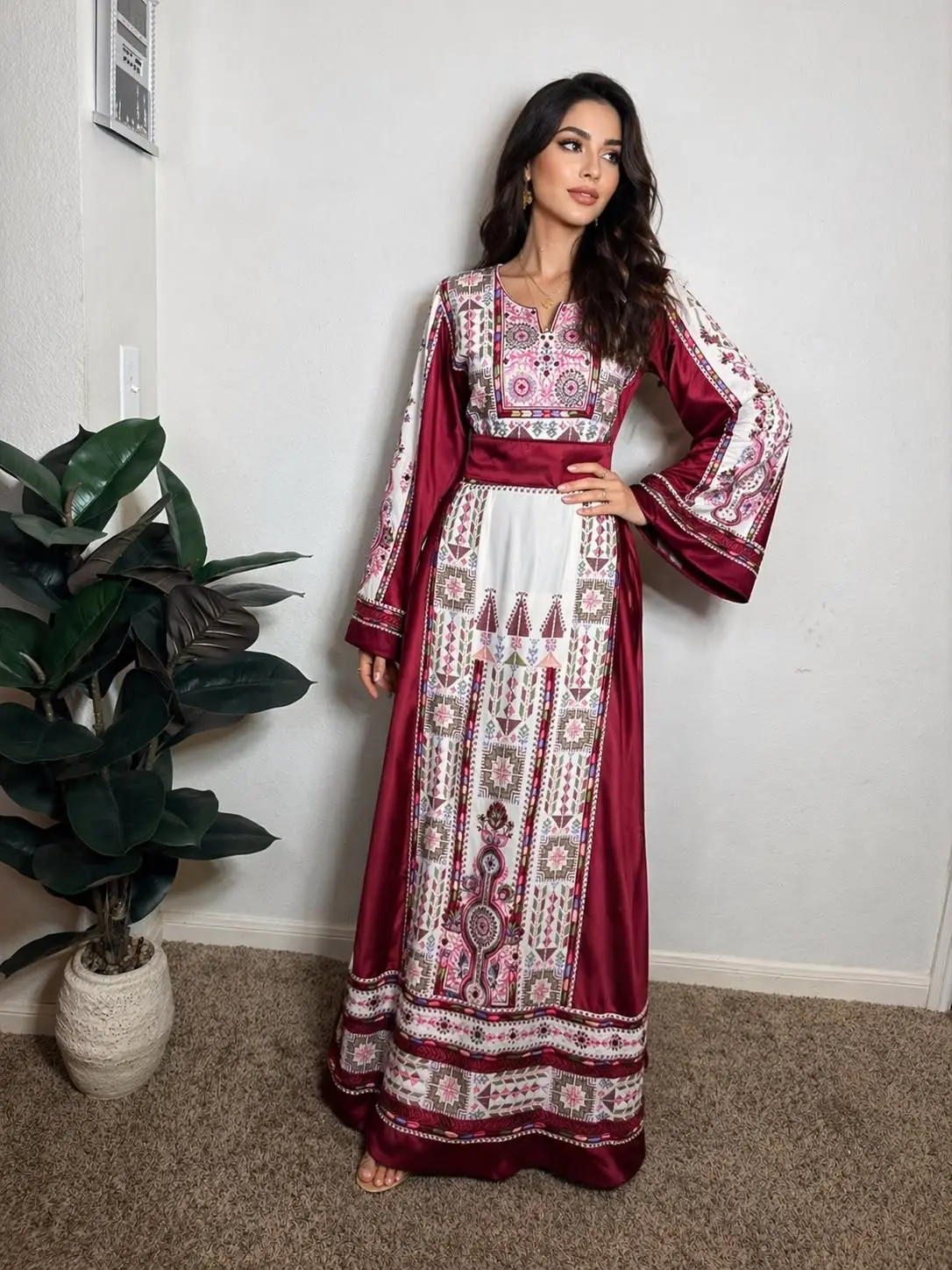 Women's Embroidered Ethnic Traditional Satin Thobe - 1-Piece Modest AL-Wurood Falahi Heritage Dress, Longsleeves, Floral Tatreez Work, Palestinian-Jordanian, Rhinestones Accent, All Seasons (Islamic Modest Fashion), Long Sleeve, Modest Wear