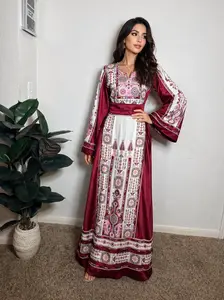 Women's Embroidered Ethnic Traditional Satin Thobe - Modest AL-Wurood Falahi Heritage Dress, Floral Tatreez, Palestinian-Jordanian 1-Piece, Long Sleeve, Rhinestone Shine (Islamic Modest Fashion)